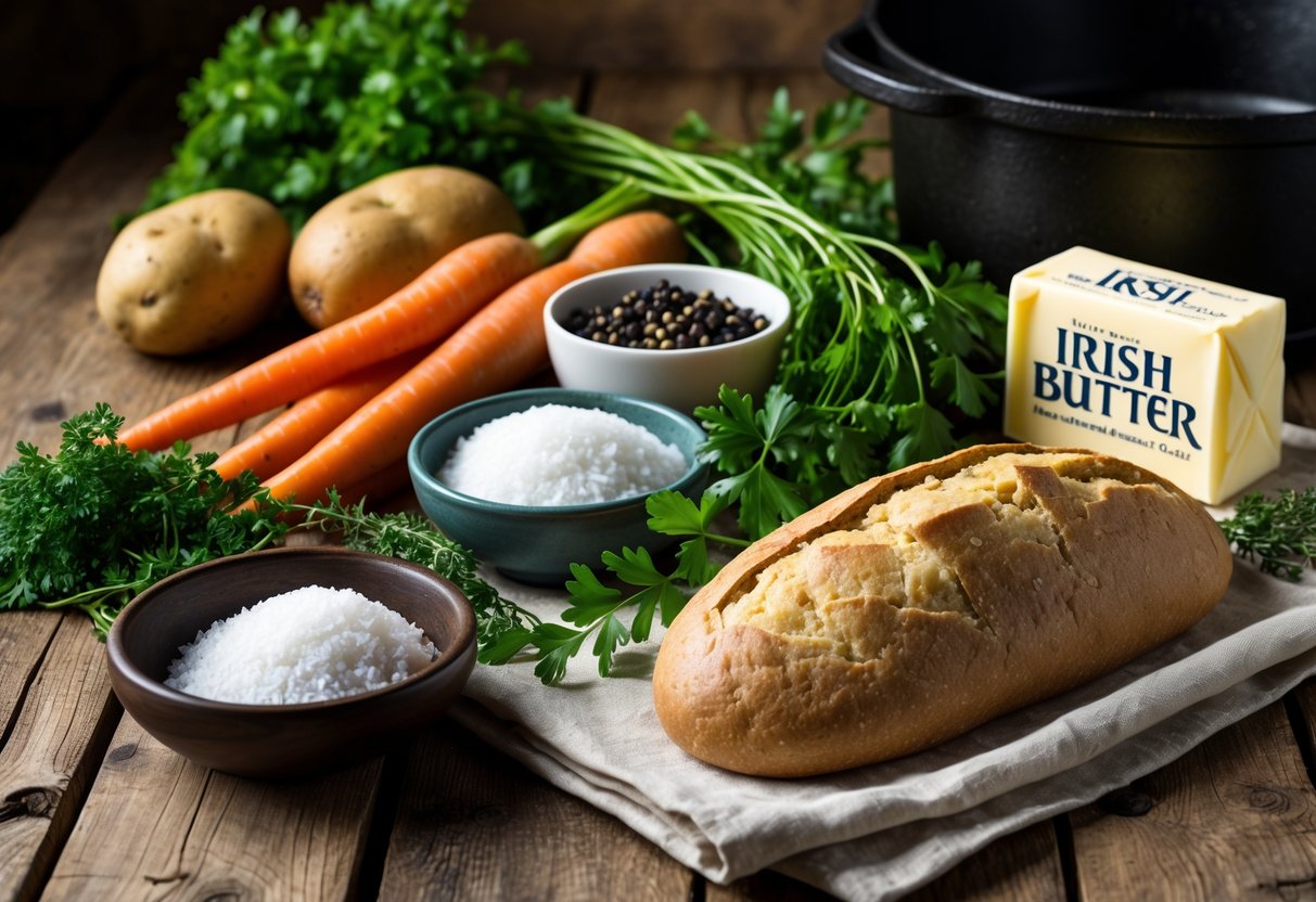 A wooden table with fresh vegetables, herbs, sea salt, black pepper, Irish butter, soda bread, and a cast iron pot representing ingredients for Irish recipes.