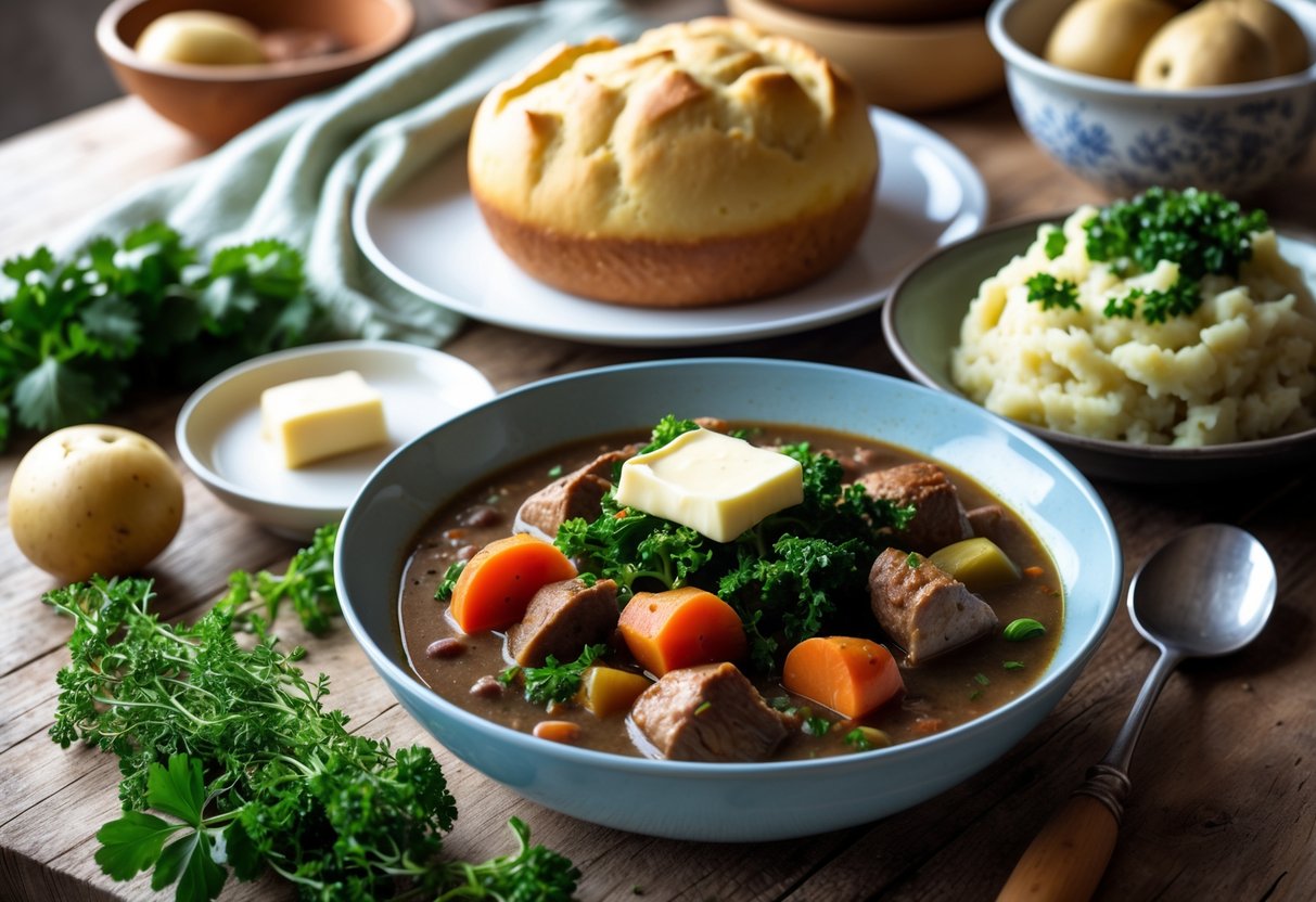 A rustic wooden table with authentic Irish dishes including Irish stew, soda bread, and colcannon surrounded by fresh ingredients in a warm kitchen setting.
