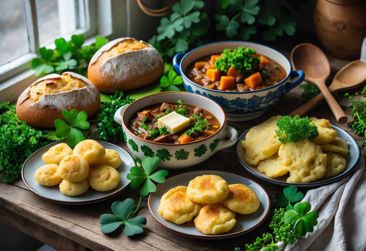A table set with traditional Irish dishes including soda bread, Irish stew, colcannon, and potato farls with seasonal decorations and kitchen utensils.