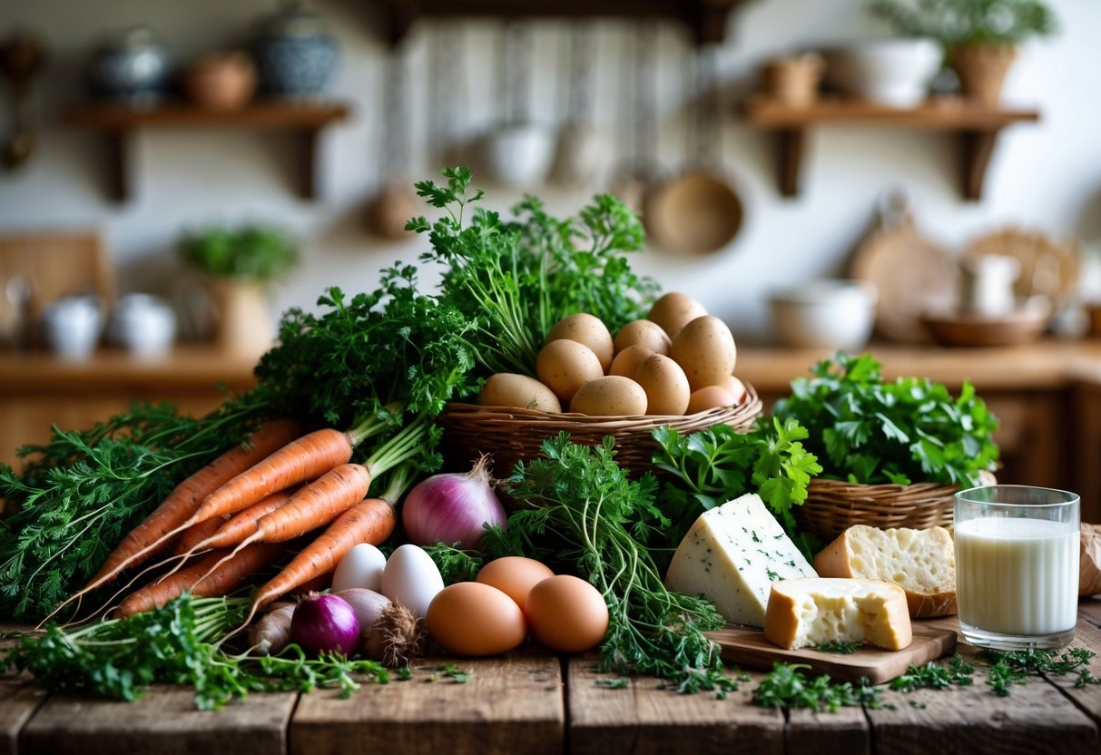 A wooden table displaying fresh Irish vegetables, herbs, eggs, soda bread, cheese, and buttermilk in a cozy kitchen setting.