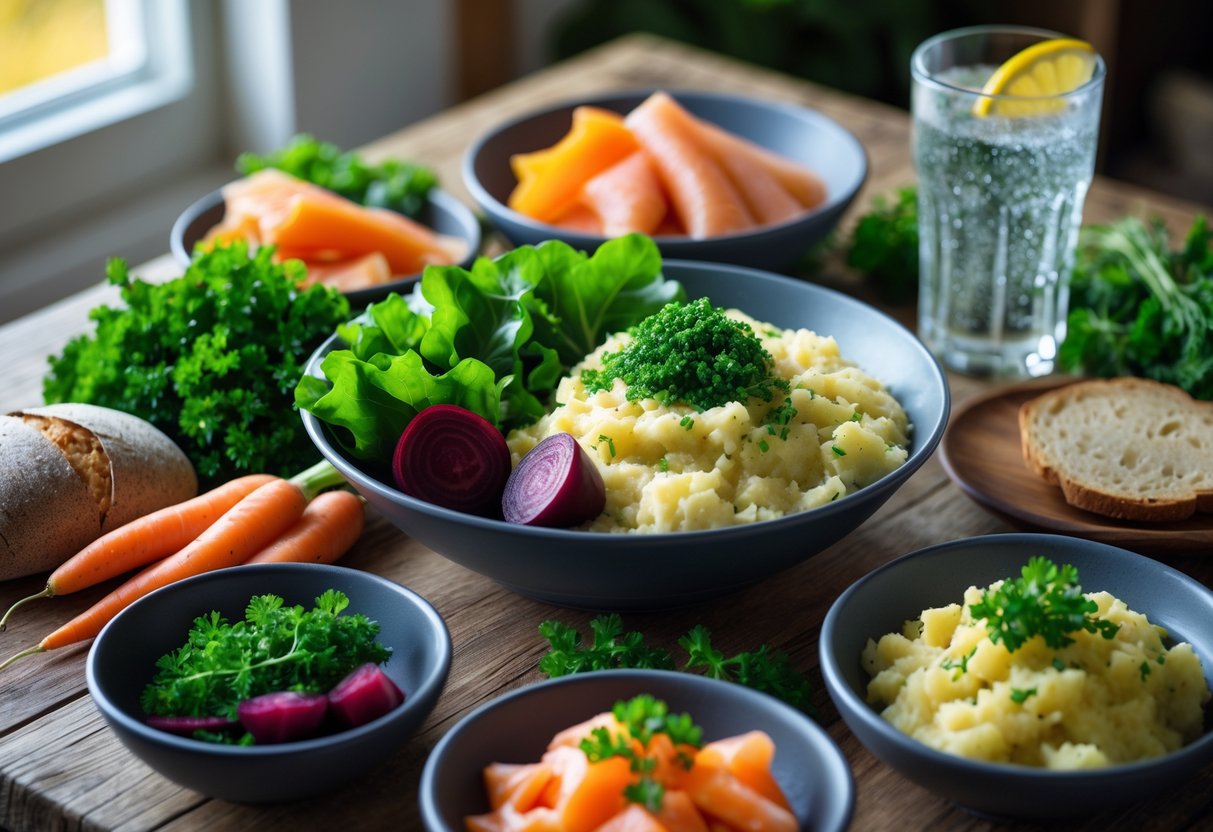 A wooden table with fresh Irish foods including leafy greens, root vegetables, soda bread, colcannon, smoked salmon, herbs, and a glass of water with lemon.