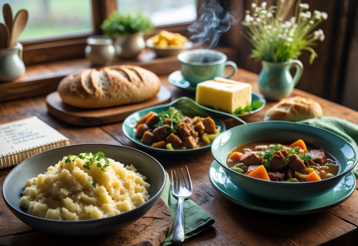 A wooden table set with traditional Irish dishes including colcannon, soda bread, and Irish stew, with a notebook, tea cup, and flowers in the background.