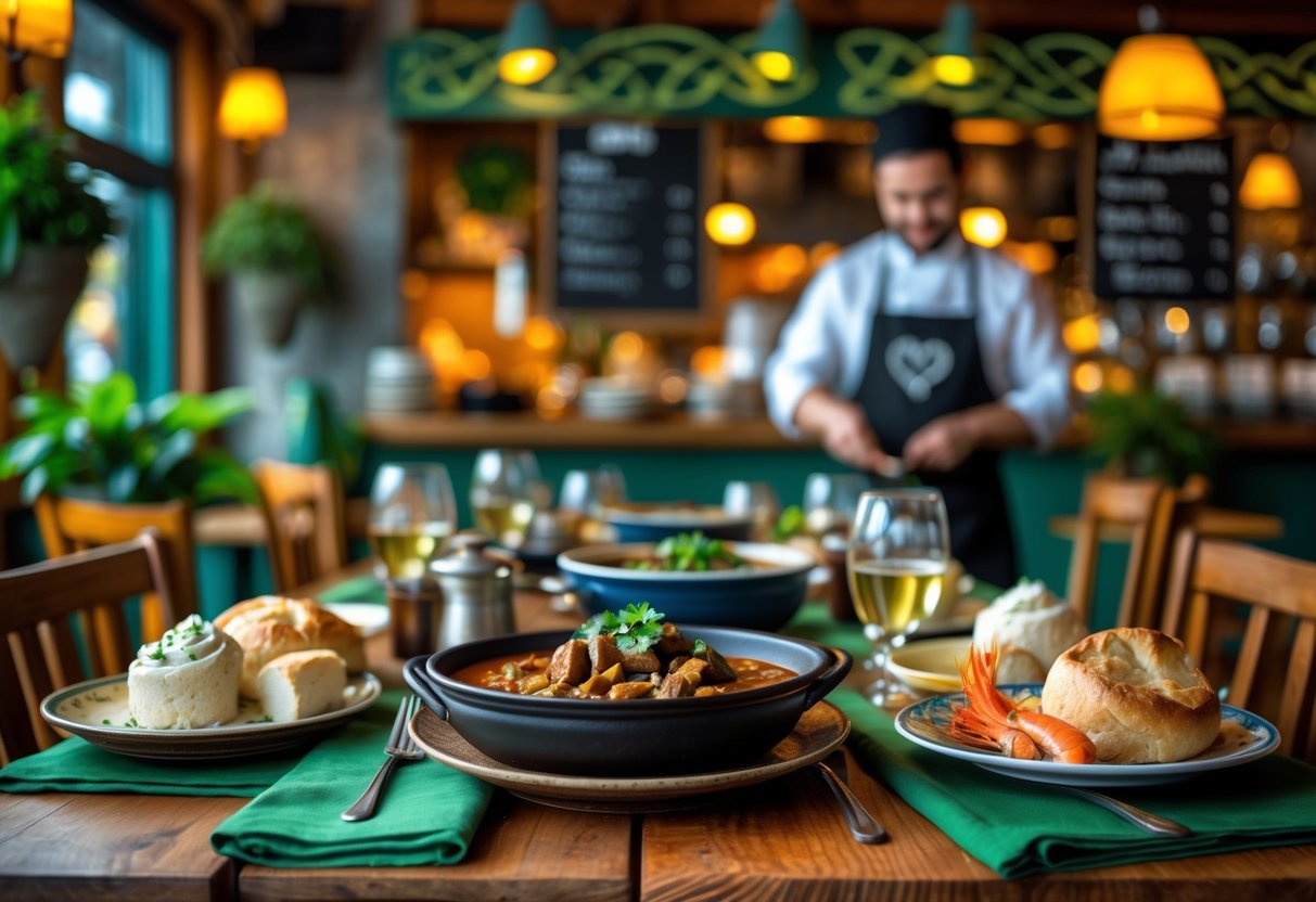 A cozy Irish restaurant table set with traditional Irish dishes and a server in the background.