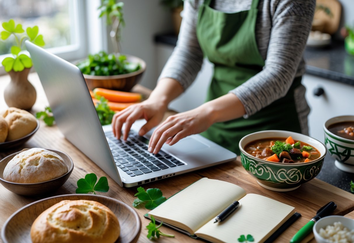 A person setting up a laptop at a wooden table in a kitchen with traditional Irish food and a cup of tea nearby.