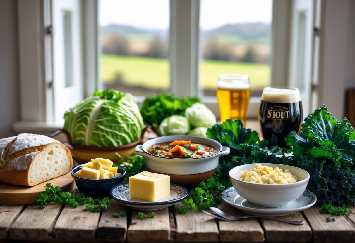 A rustic wooden table with traditional Irish foods including soda bread, Irish stew, green vegetables, butter, and a glass of stout beer near a window showing the Irish countryside.