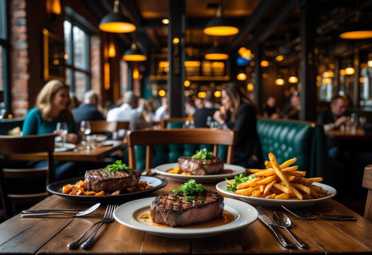 Interior of a busy steakhouse with diners enjoying plates of grilled steaks and side dishes at wooden tables.