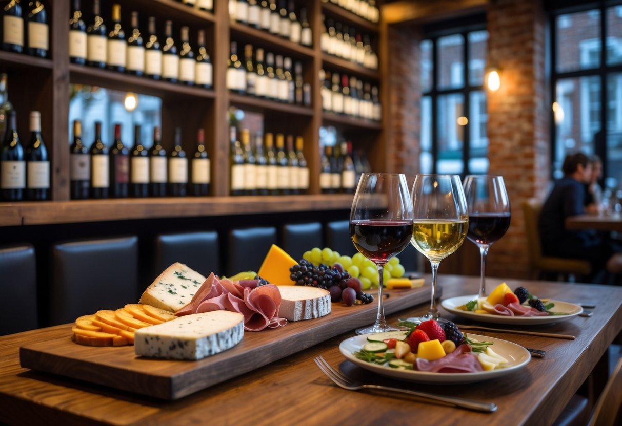 Interior of a cozy wine bar with wooden tables, wine bottles, and plates of cheese and charcuterie, with people enjoying drinks in the background.