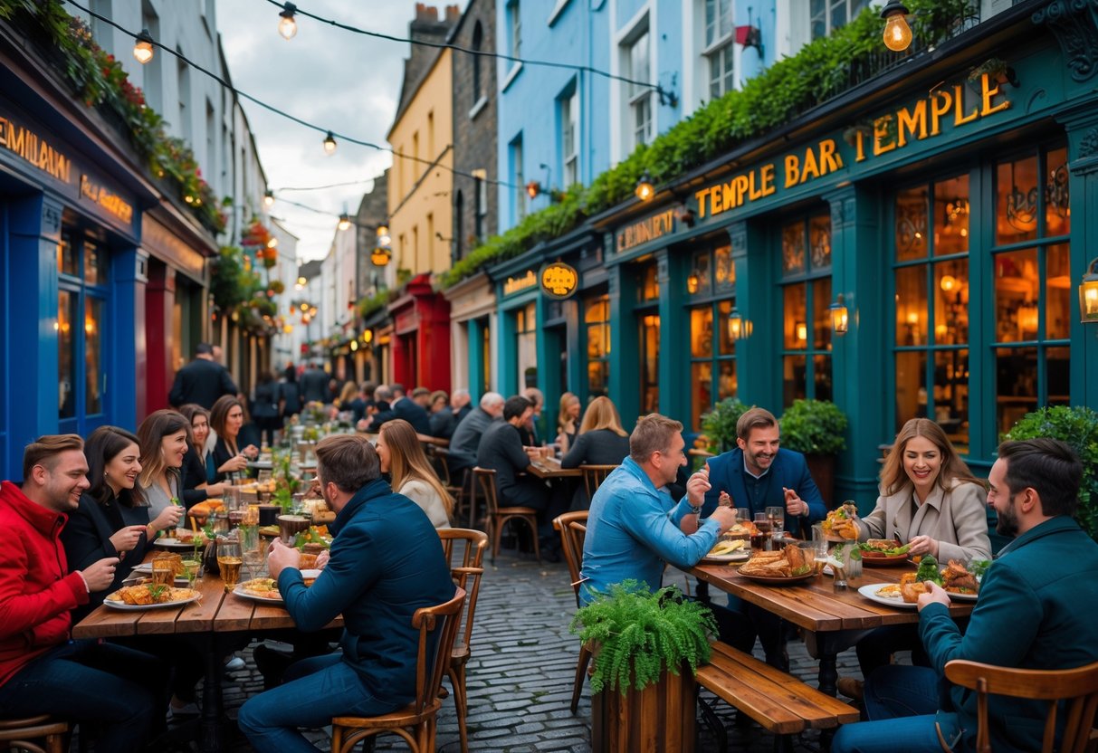 People dining outdoors at colorful restaurants in a lively street scene in Temple Bar, Dublin.