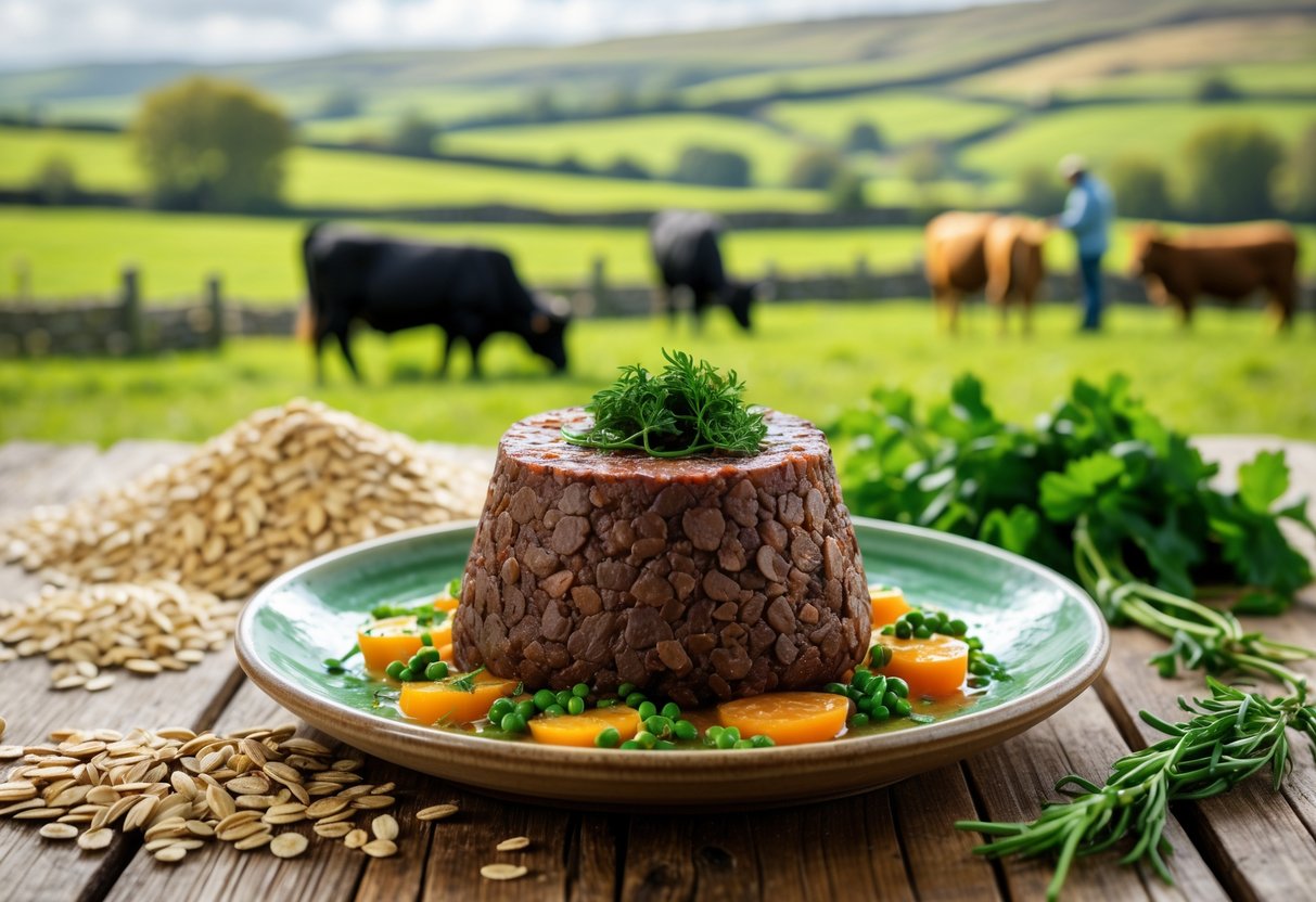 A plate of Irish black pudding on a wooden table with fresh ingredients nearby and a green farm landscape with grazing animals in the background.