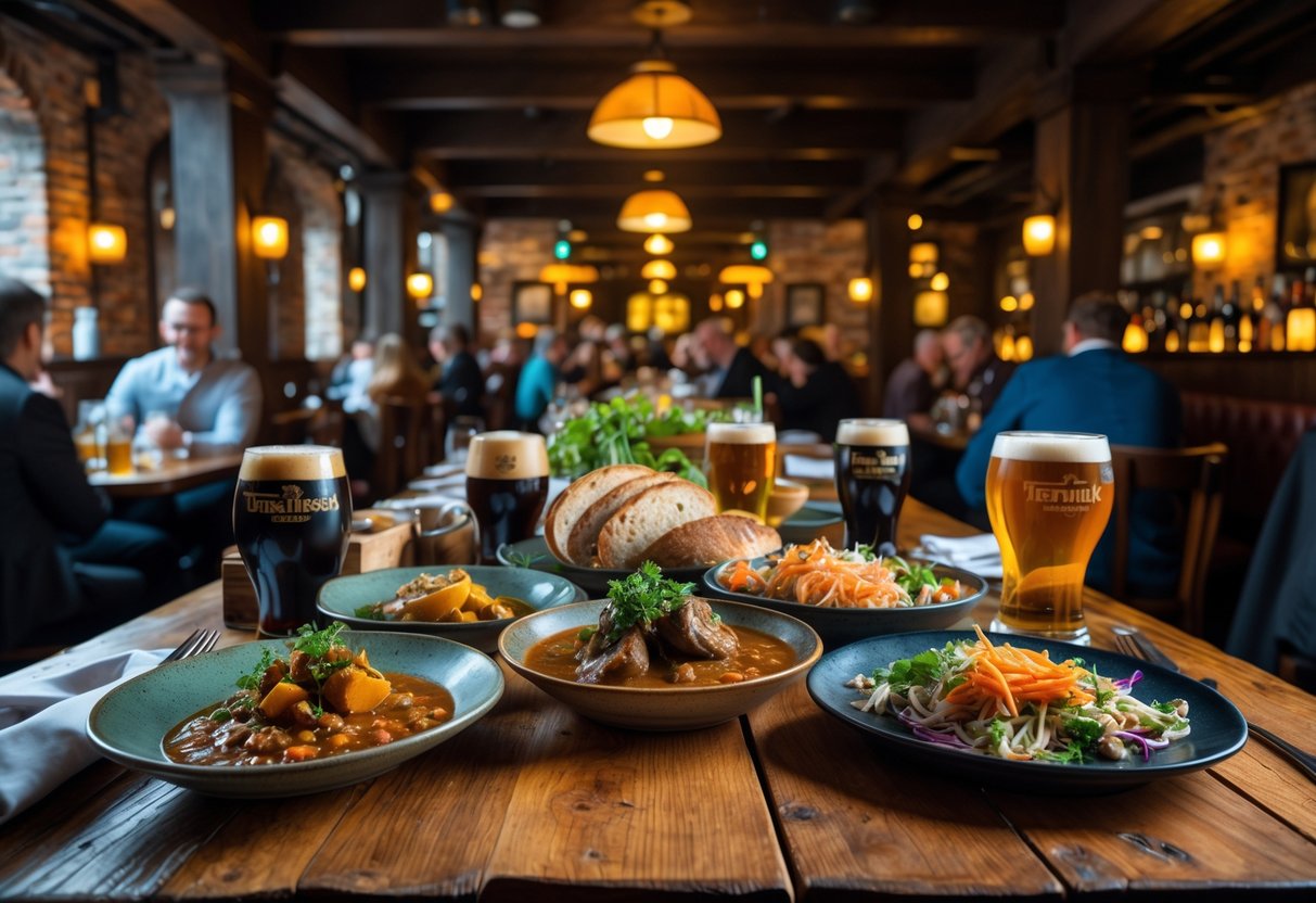 A wooden table in a busy restaurant with traditional Irish dishes, drinks, and diners in the background.
