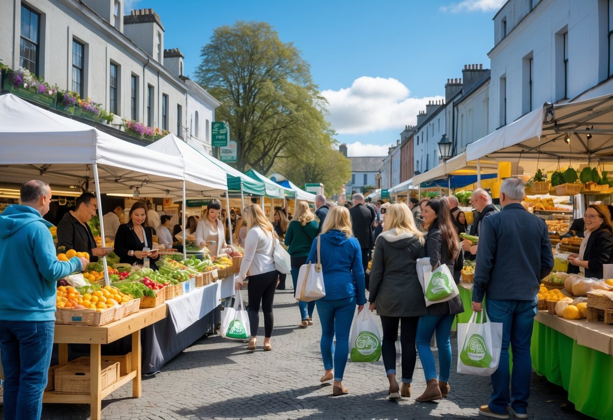 A busy outdoor food market in Cork with vendors and shoppers surrounded by fresh produce and historic buildings.