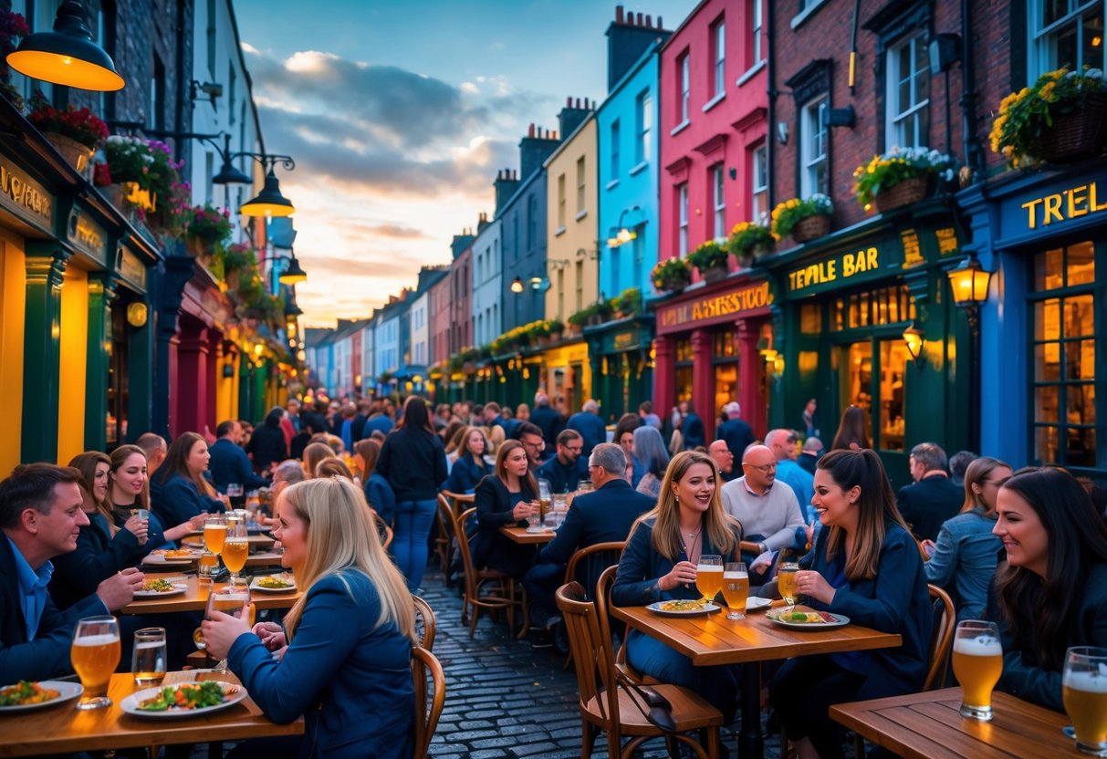 People enjoying meals and drinks at outdoor tables along a colorful cobblestone street in Temple Bar, Dublin, with historic buildings and street musicians in the background.