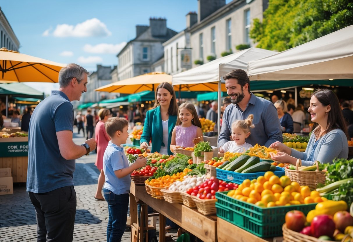 Families and visitors enjoying a busy outdoor food market with fresh produce and vendors in Cork.