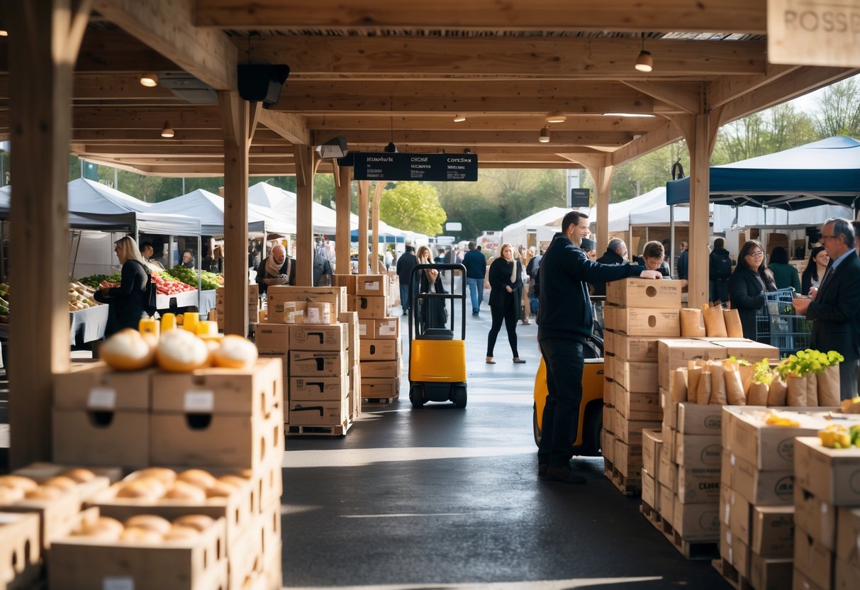 A busy cork food market with vendors arranging products and customers browsing among wooden stalls filled with cork-based food items.