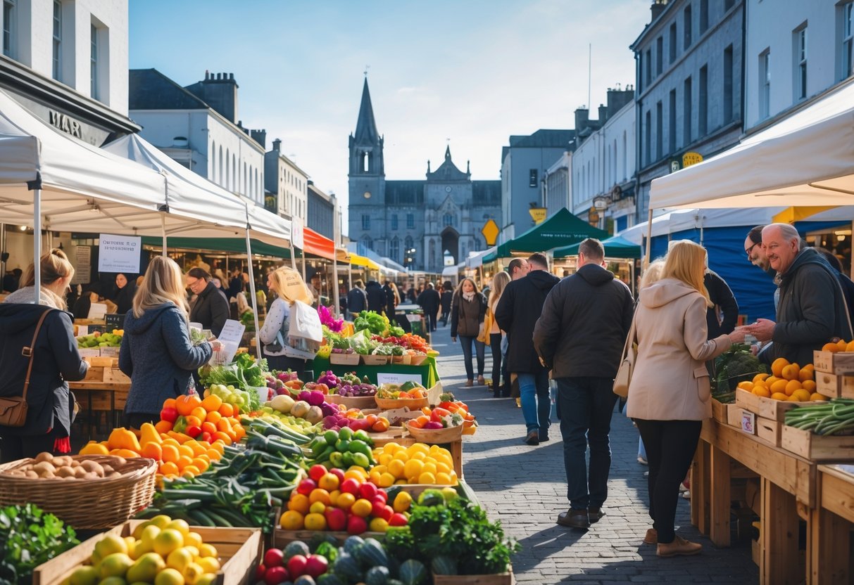 Outdoor food market in Cork with vendors and shoppers surrounded by fresh produce and historic city buildings.