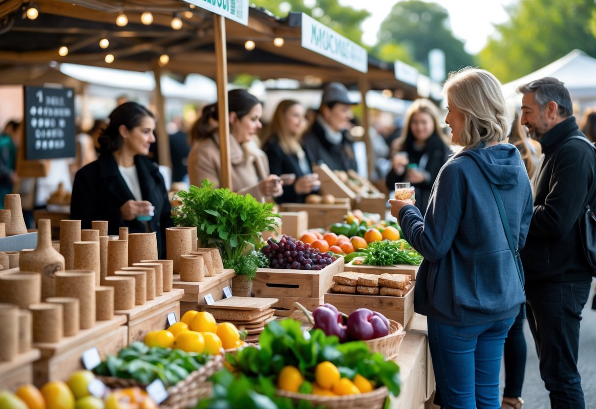 Outdoor food market with wooden stalls displaying cork products and fresh produce, vendors interacting with customers under natural daylight.