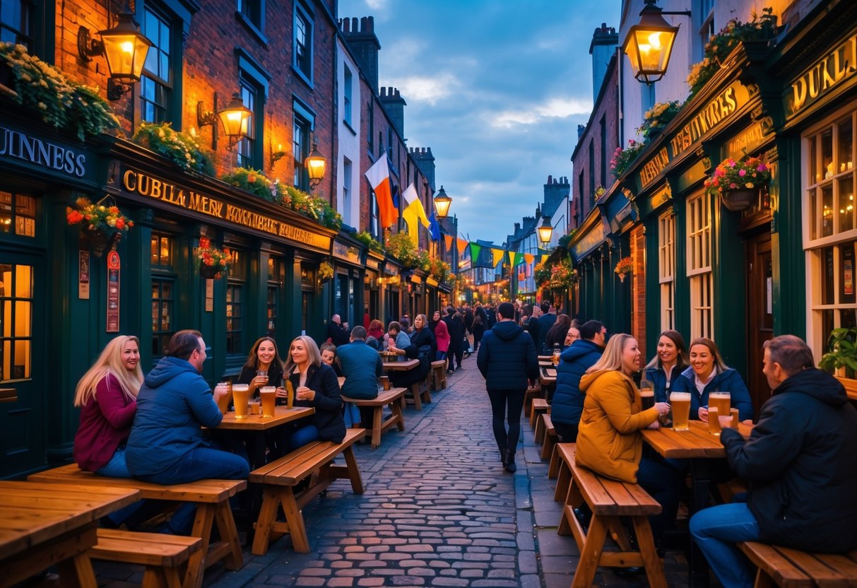 People enjoying drinks and traditional Irish food outside iconic Dublin pubs on a lively cobblestone street in the early evening.