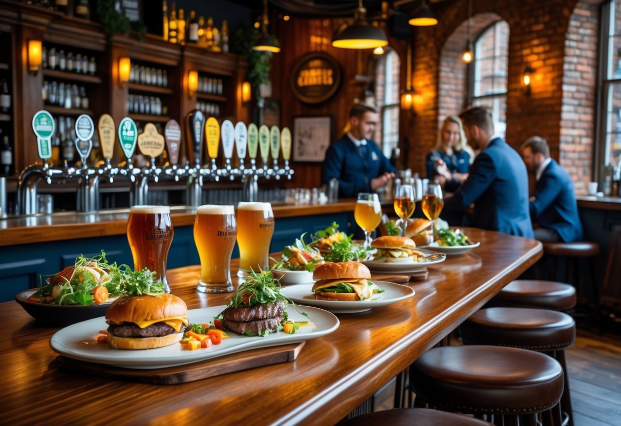 Interior of a stylish gastropub with people enjoying gourmet food and drinks at wooden tables and bar.