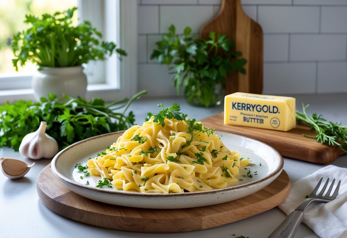 A plated creamy pasta dish garnished with fresh herbs on a kitchen counter with fresh ingredients and a block of butter nearby.