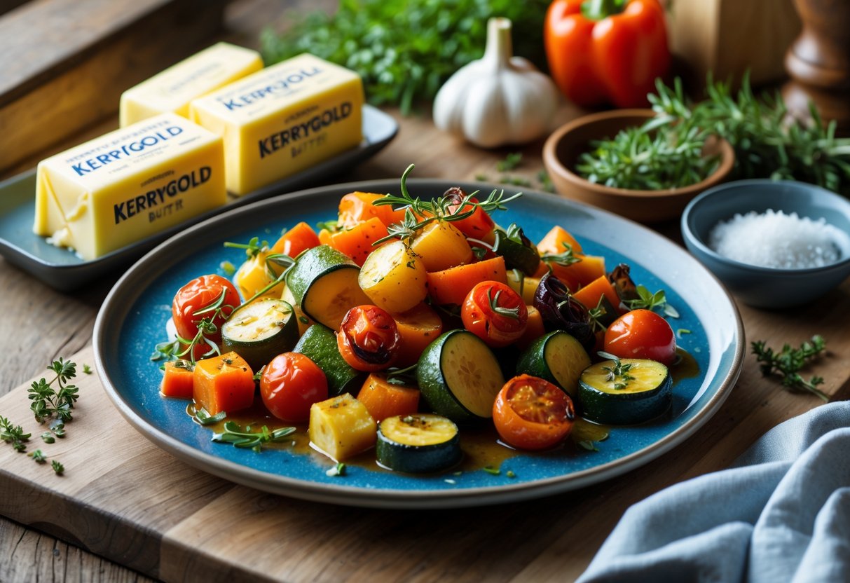 A plate of roasted colorful vegetables glazed with butter on a wooden table surrounded by fresh herbs, garlic, and blocks of butter.