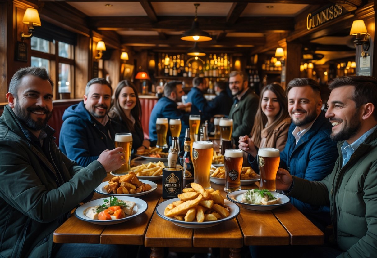People enjoying traditional Irish pub food and drinks inside a cozy Dublin pub with wooden tables and warm lighting.