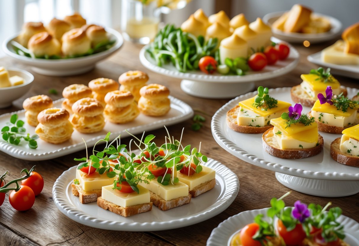 A variety of appetizers including cheese-stuffed pastries, vegetable dips, and bread with melted cheese arranged on platters on a wooden table.