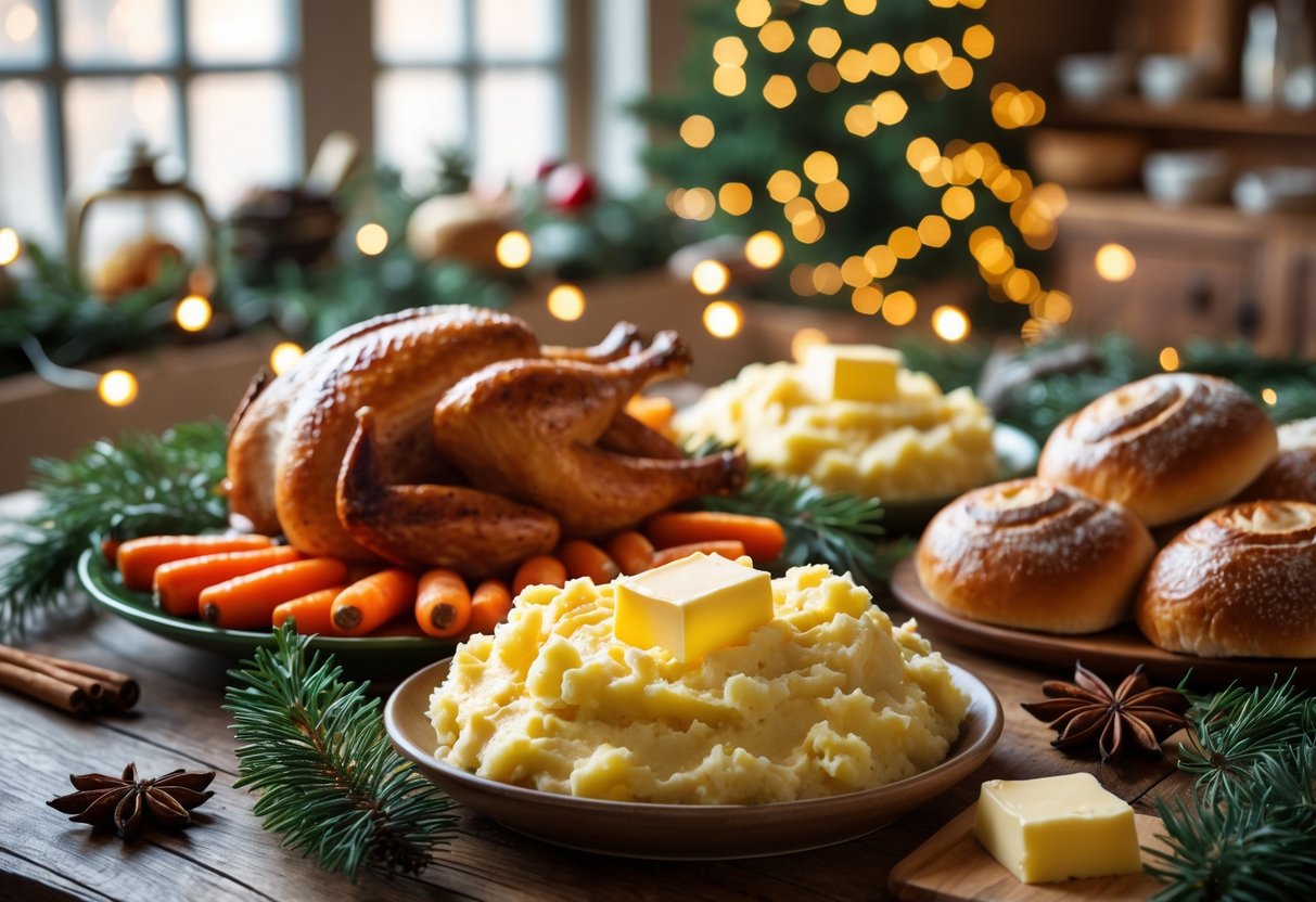 A holiday meal spread on a wooden table featuring roasted turkey, mashed potatoes, glazed carrots, and bread rolls with melting butter, surrounded by festive decorations and warm lighting.