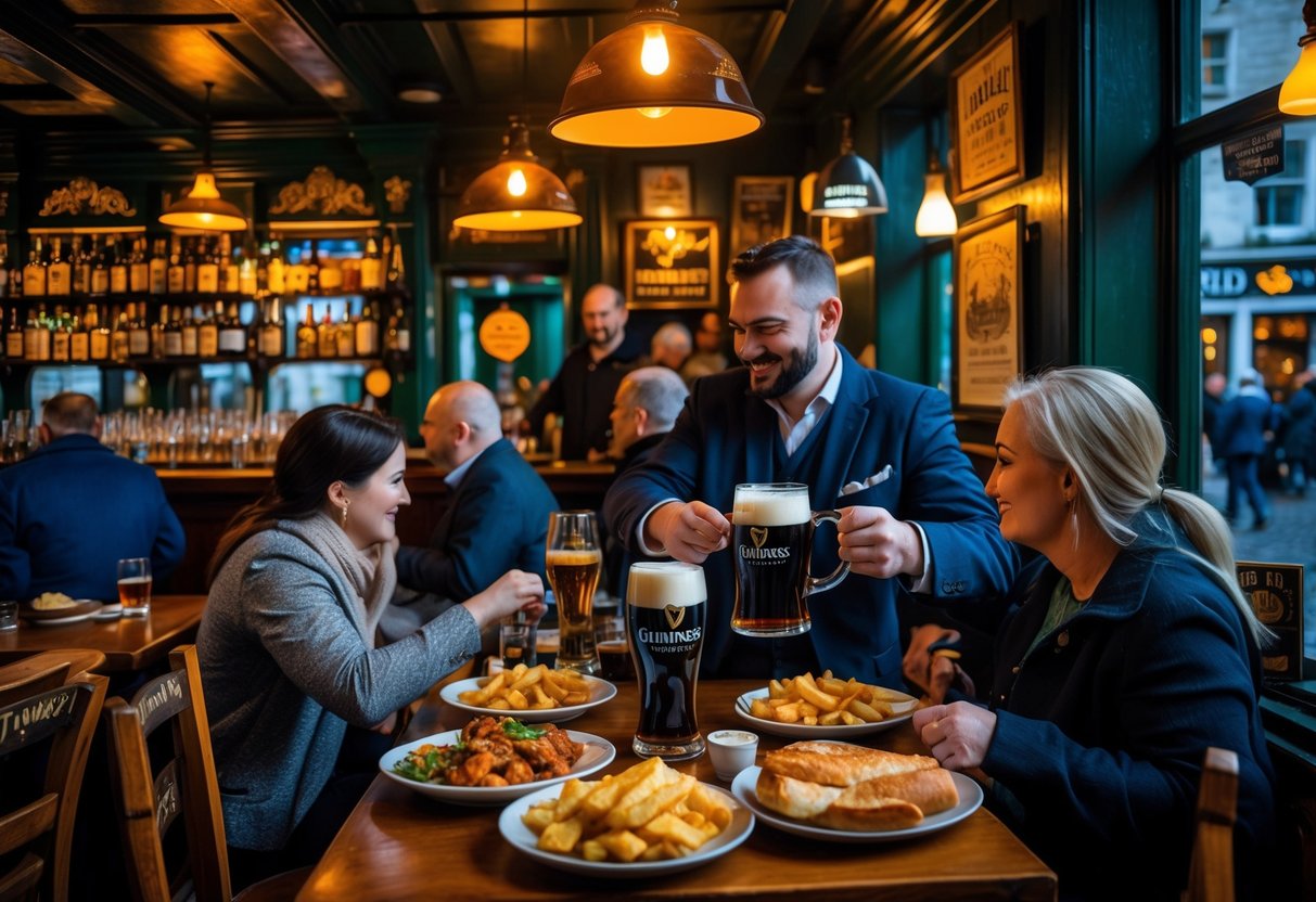 Interior of a lively Dublin pub with people enjoying traditional Irish food and drinks at wooden tables.