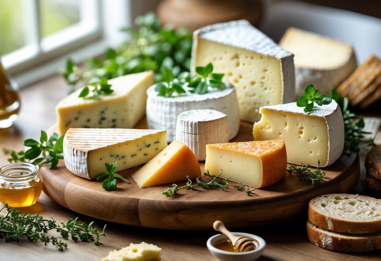 A wooden board with various types of Irish cheeses, fresh herbs, bread slices, and a small bowl of honey on a table in a cozy kitchen setting.
