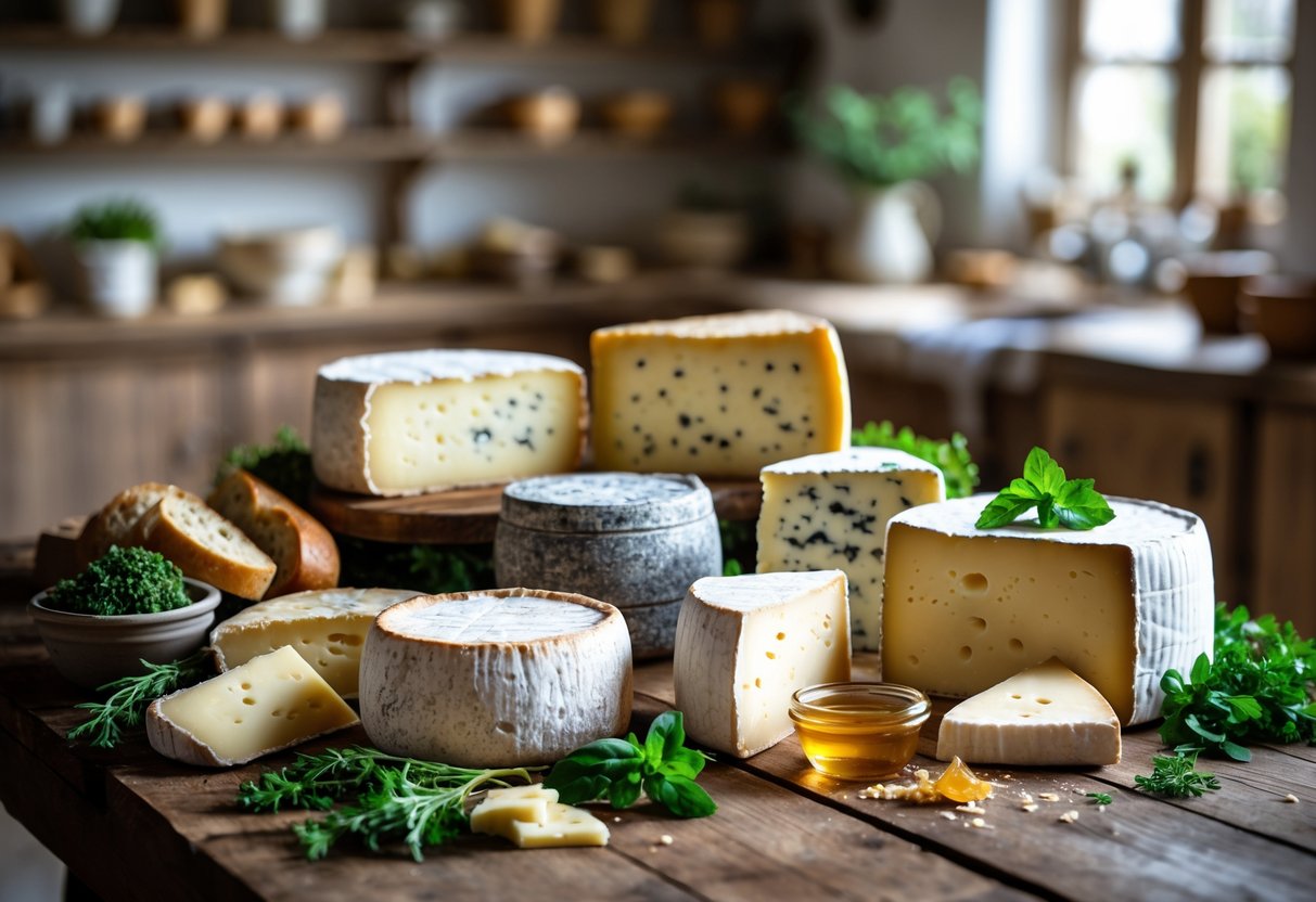 A wooden table displaying different types of Irish farmhouse cheeses with bread, herbs, and honey in a cozy farmhouse kitchen setting.