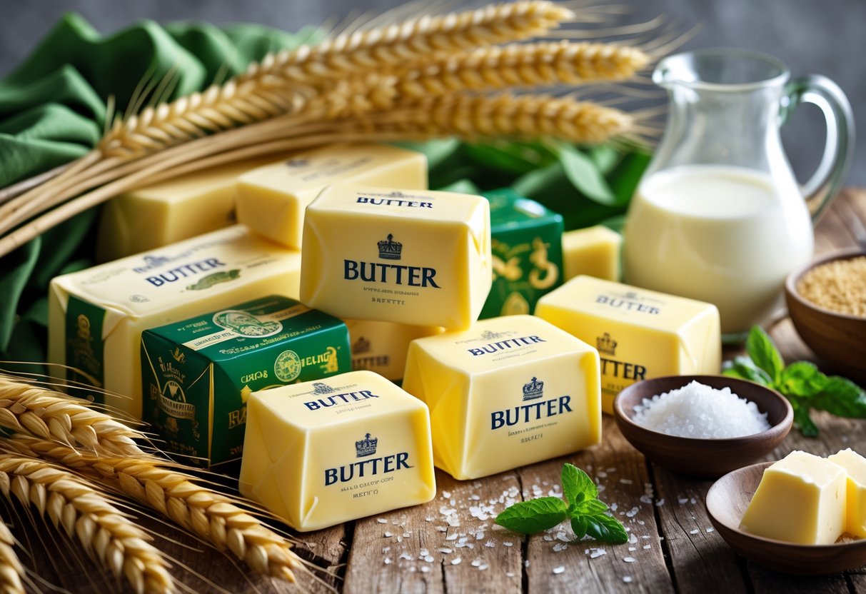 An assortment of butter blocks and fresh ingredients arranged on a wooden table.