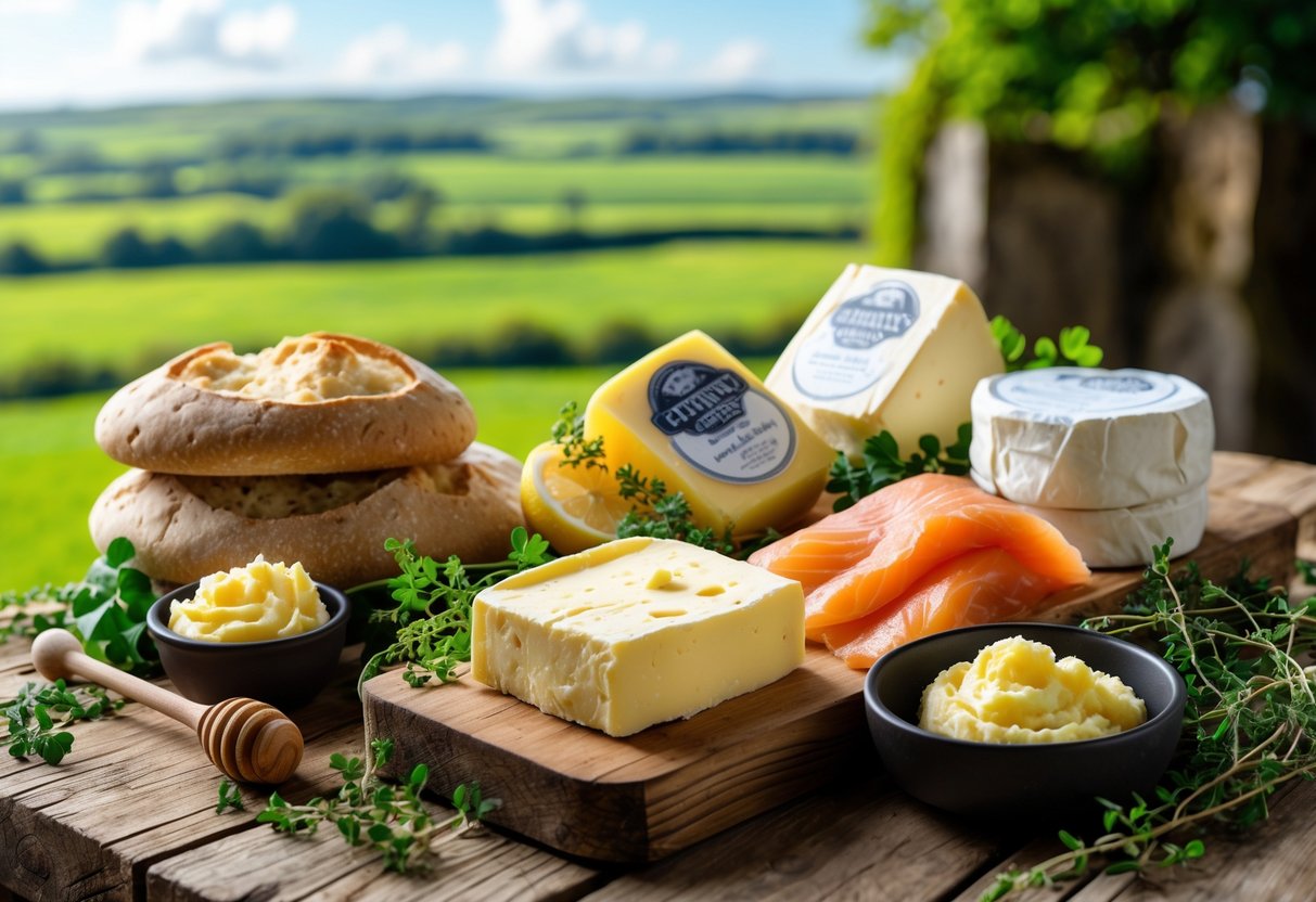 A wooden table displaying traditional Irish artisan foods including soda bread, cheeses, smoked salmon, butter, and herbs with green fields in the background.