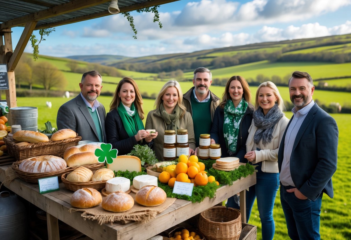 Outdoor market stall displaying a variety of artisan Irish foods with people interacting and green hills in the background.