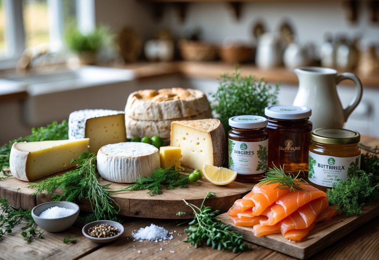 A wooden table displaying traditional Irish artisan foods including cheese, soda bread, smoked salmon, preserves, and fresh herbs.