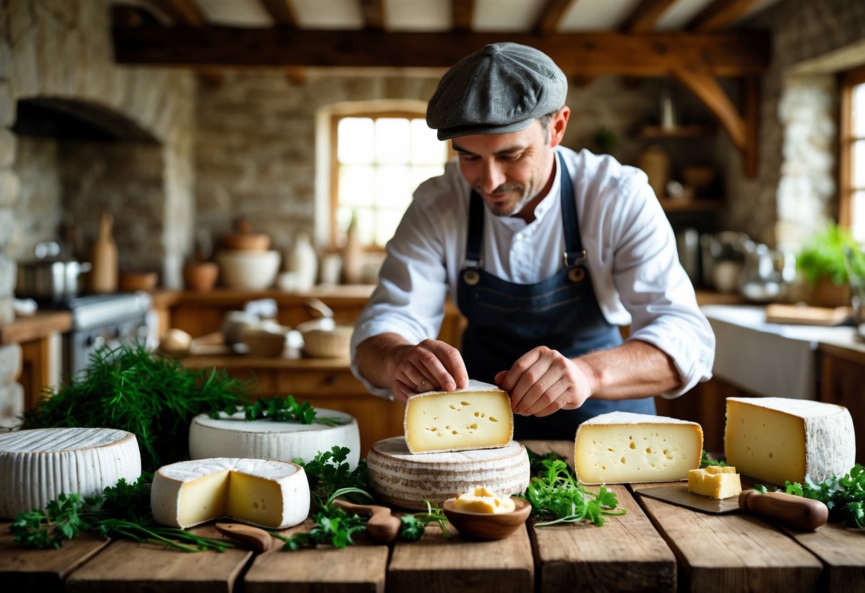 A cheesemaker in a rustic farmhouse kitchen inspecting wheels of Irish farmhouse cheese on a wooden table.