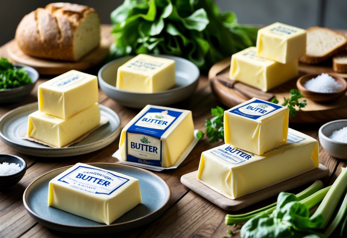 A wooden table with several packages of Irish butter, butter on plates, fresh greens, bread, and sea salt arranged together.