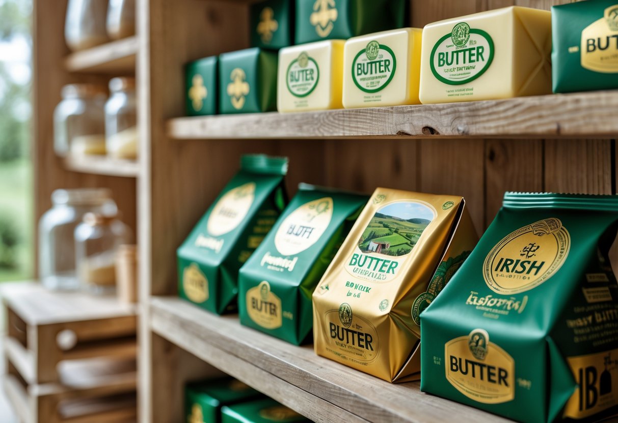 Shelves filled with various packages of Irish butter brands displayed in a clean storage area.
