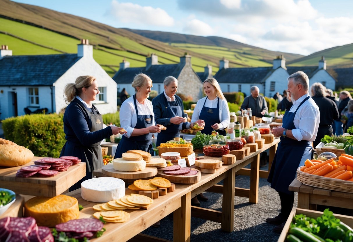 Artisan food market in Ireland with local producers selling breads, cheeses, meats, and fresh vegetables outdoors in a countryside setting.