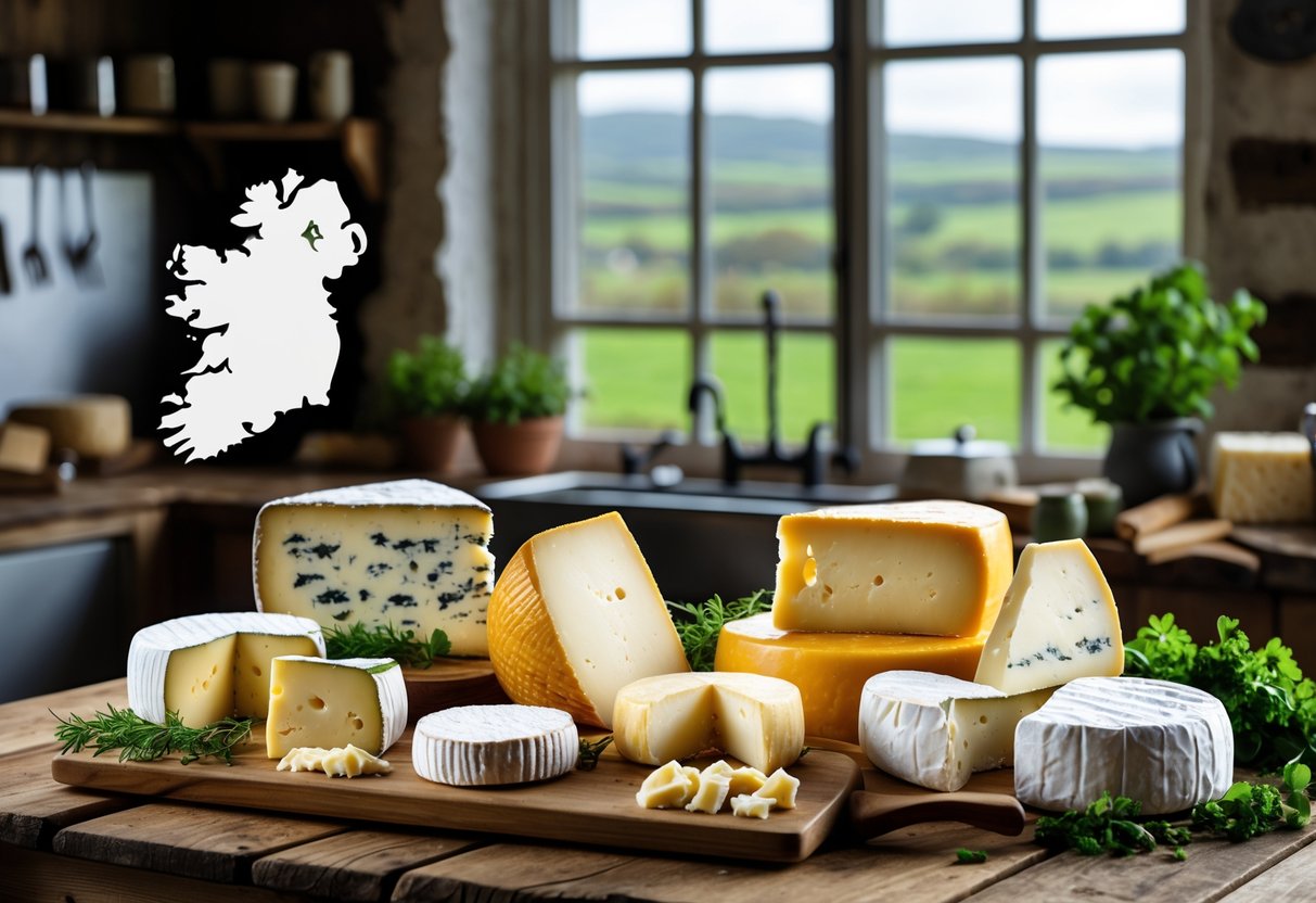 A rustic kitchen table with various Irish farmhouse cheeses displayed, with a window showing green farmland in the background.