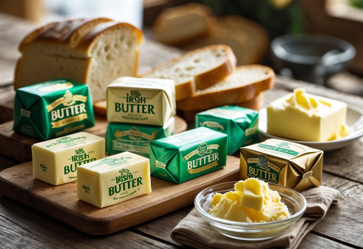 Various packages of Irish butter arranged on a wooden table with slices of bread and a dish of butter.