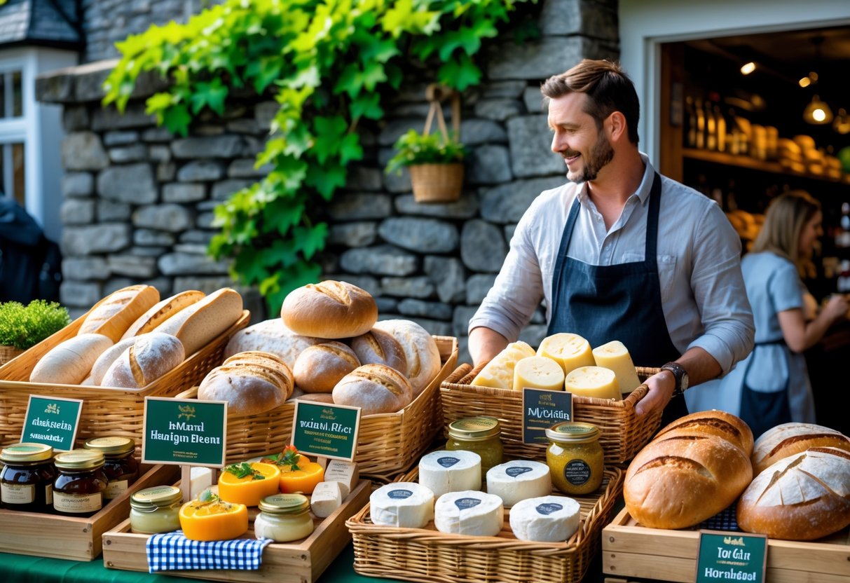 Market stall displaying a variety of Irish artisan foods including breads, cheeses, preserves, and meats with a vendor assisting a customer outdoors.