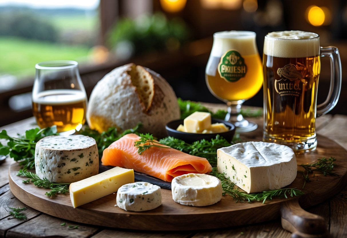A wooden table set with artisan Irish foods including cheese, soda bread, smoked salmon, and butter, paired with glasses of Irish whiskey, stout beer, and cider.