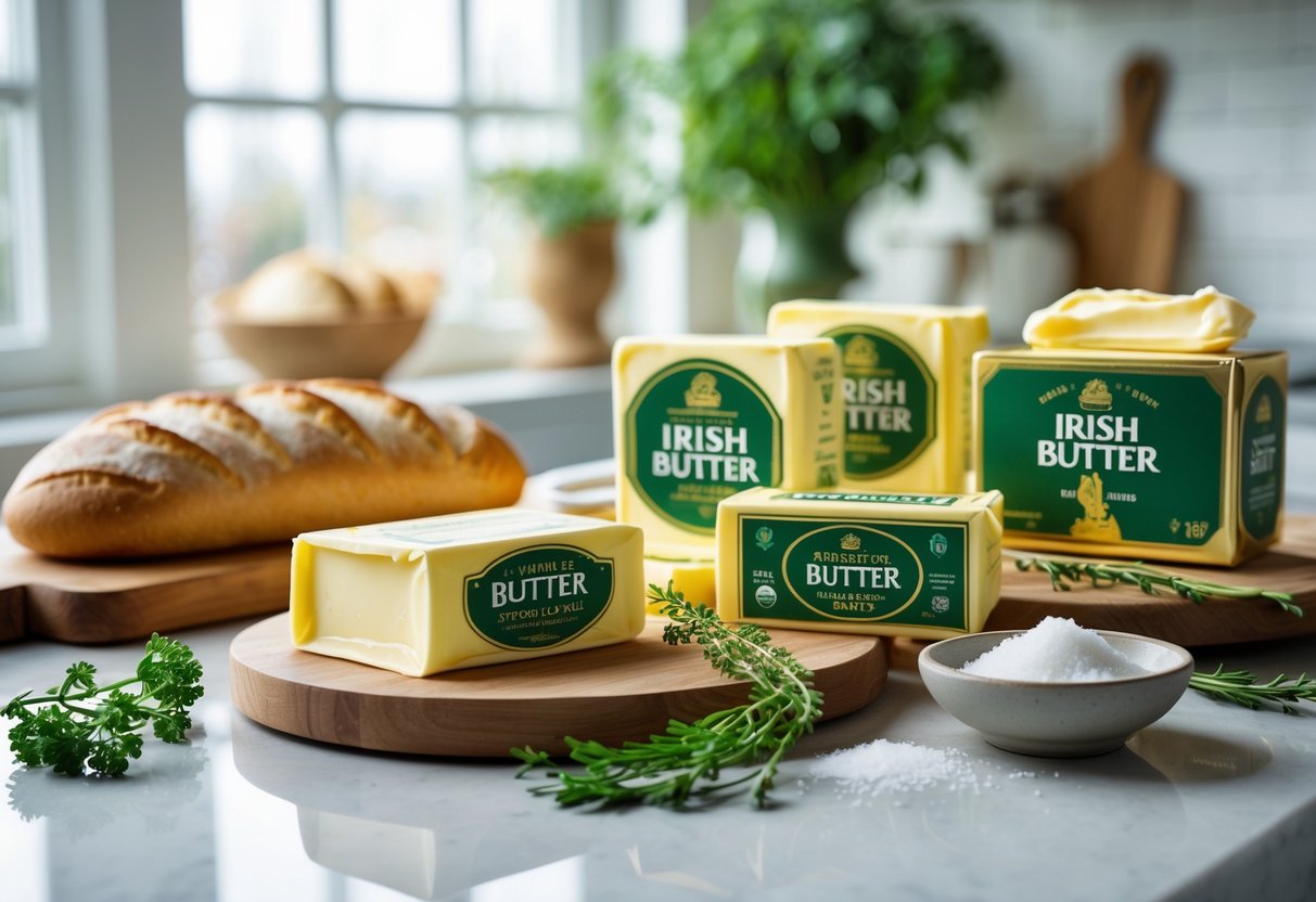 A kitchen countertop displaying several packages of Irish butter with some butter spread on wooden boards alongside bread and fresh herbs.