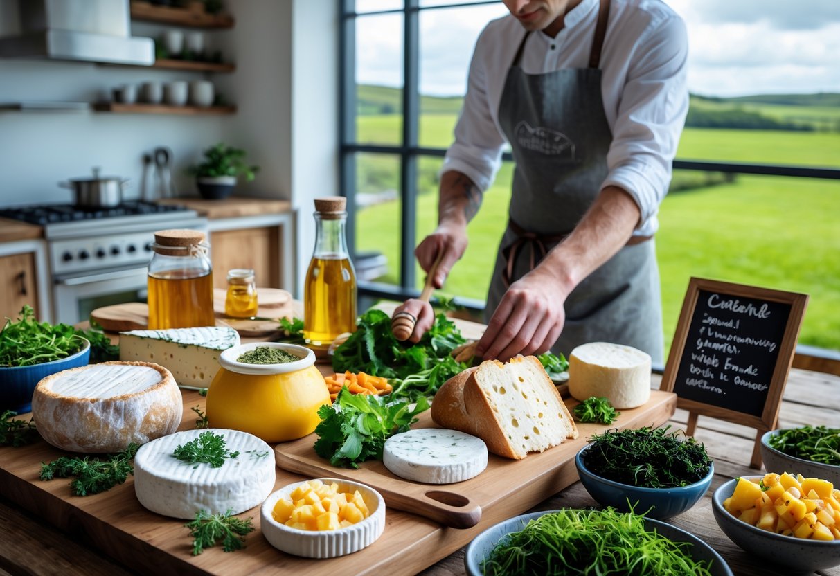 A rustic wooden table with a variety of Irish artisan foods including cheese, soda bread, honey, and herbs, with a person arranging the food in a bright kitchen overlooking green countryside.