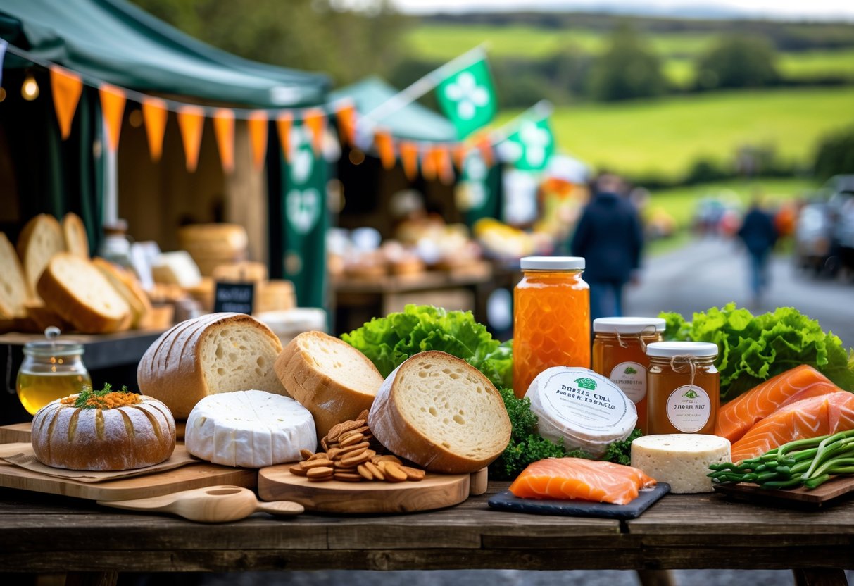A wooden table displaying various traditional Irish artisan foods including bread, cheese, honey, smoked salmon, and fresh vegetables at an outdoor market with green countryside in the background.