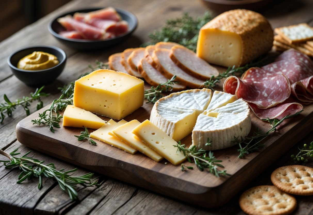 A wooden board with slices of Dubliner cheese, roasted poultry, cured meats, fresh herbs, and crackers arranged on a table.