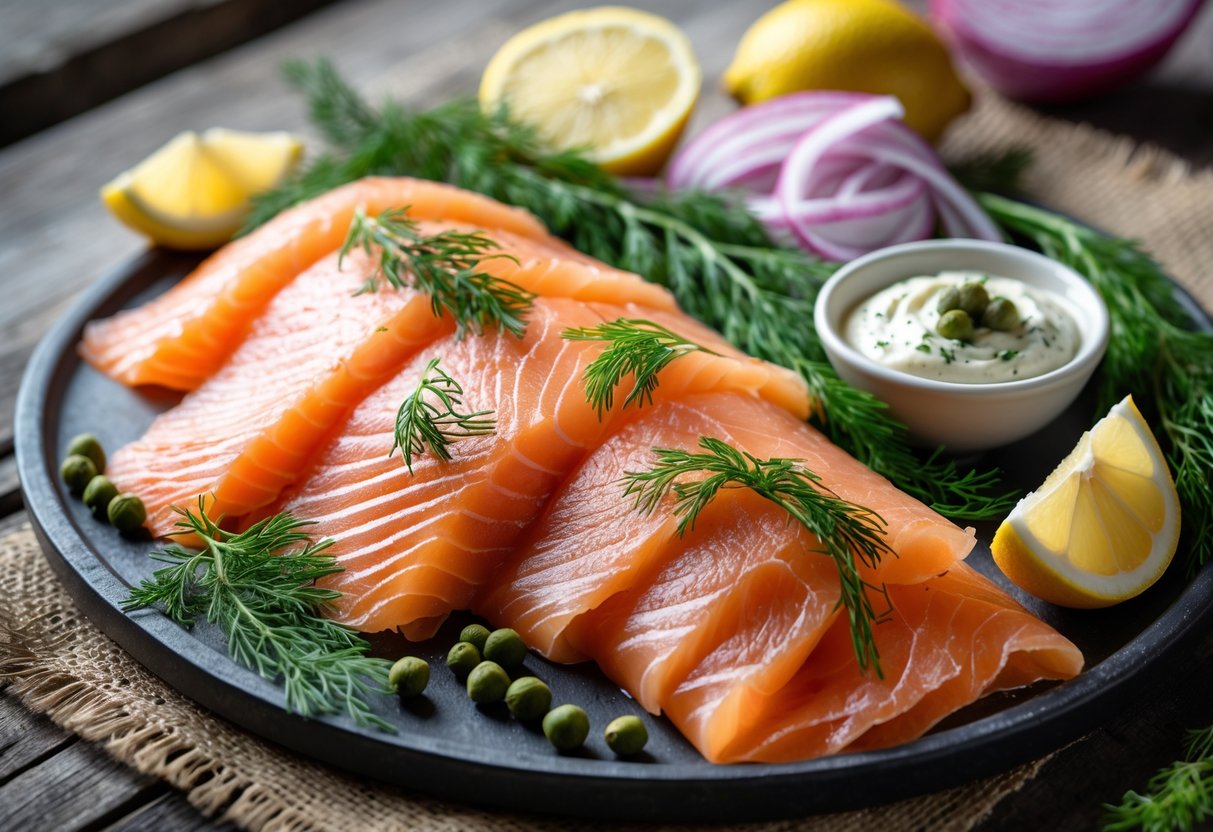 A platter of thinly sliced Irish smoked salmon with lemon wedges, dill, capers, red onions, and a small bowl of horseradish sauce on a wooden table.