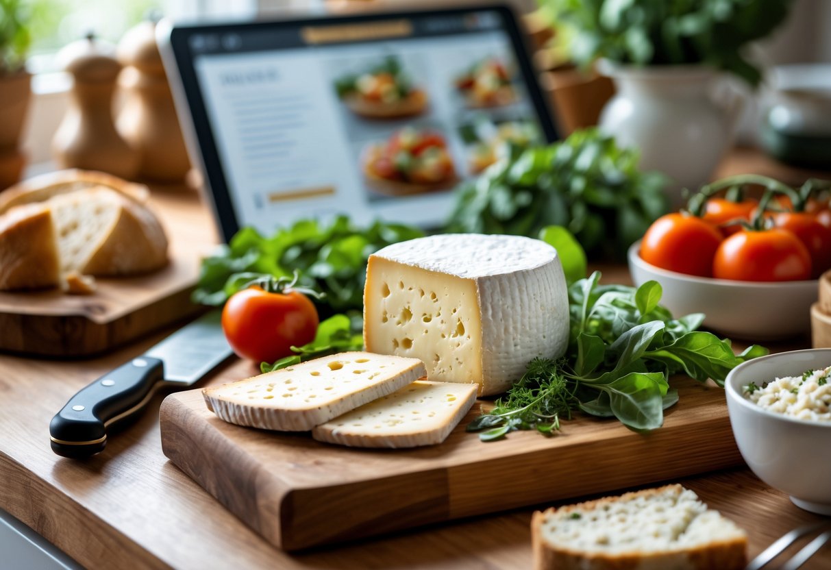 A kitchen countertop with sliced Dubliner cheese, fresh bread, tomatoes, and greens arranged alongside a cookbook in the background.