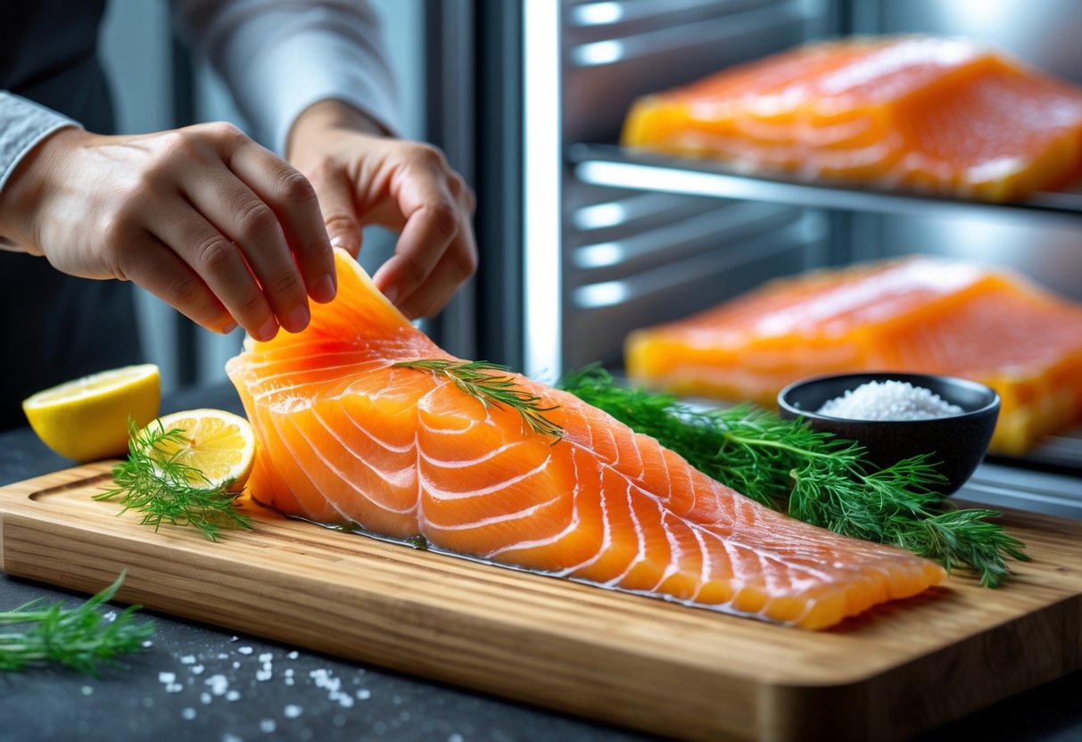 Hands selecting and handling Irish smoked salmon on a wooden board with fresh ingredients and a refrigerated display in the background.
