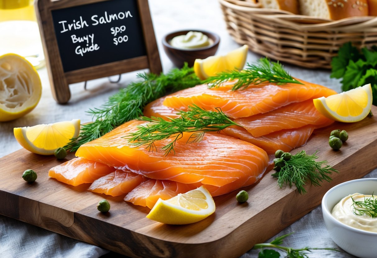 A display of fresh Irish smoked salmon slices on a wooden board with lemon wedges, dill, capers, bread, sauce, and a bottle of white wine on a table.
